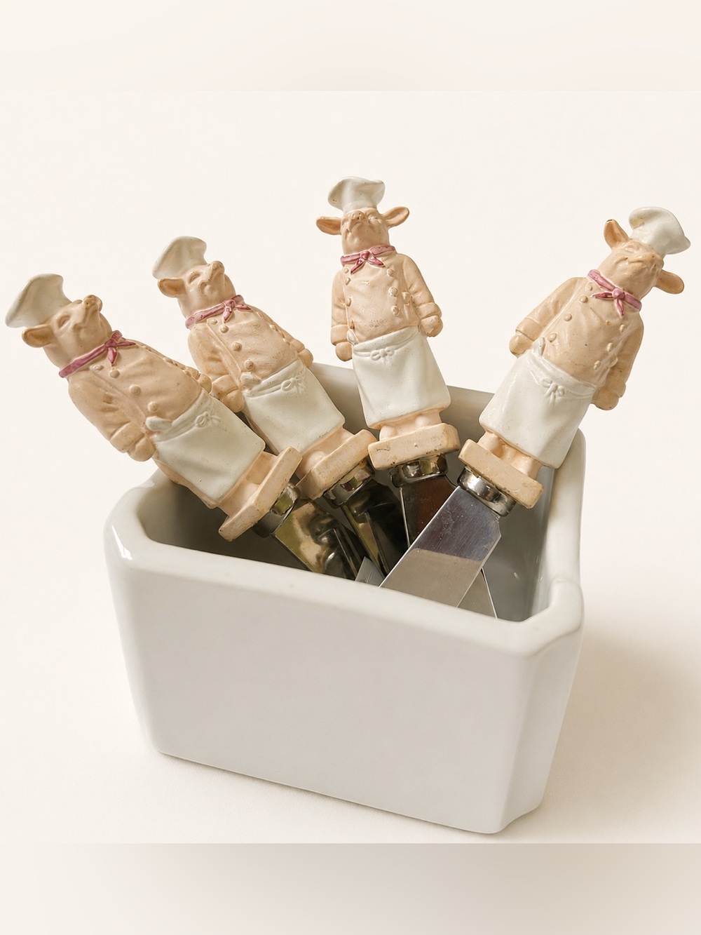 Vintage Pig Chef Cheese Spreader Set w/ Japan Holder